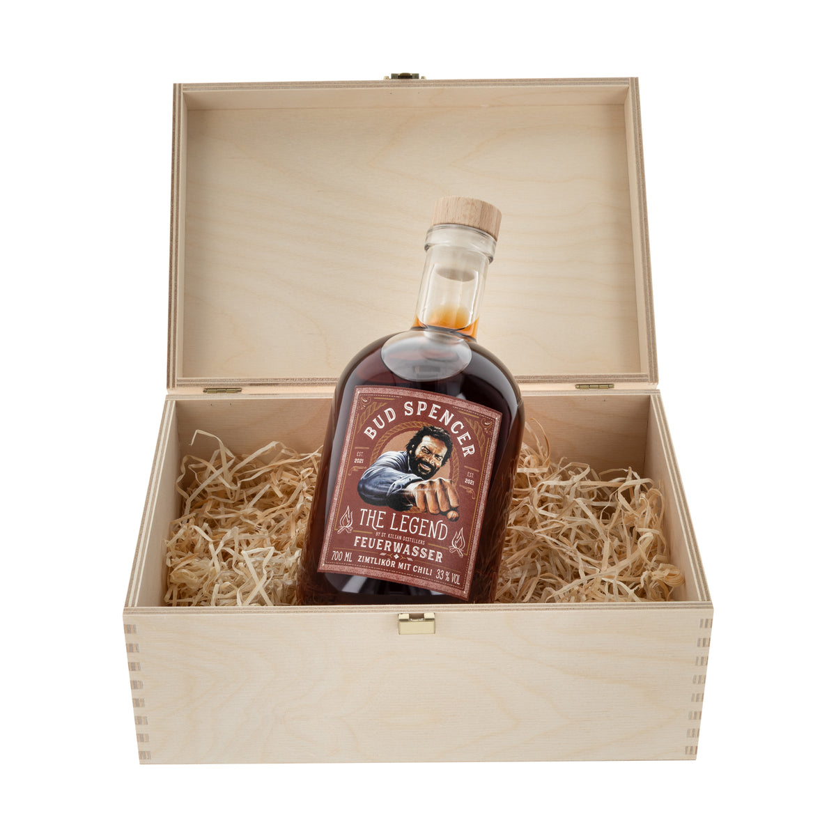 Wooden box - Bud Spencer - Feuerwasser - Cinnamon liqueur with chili - 0.7 L