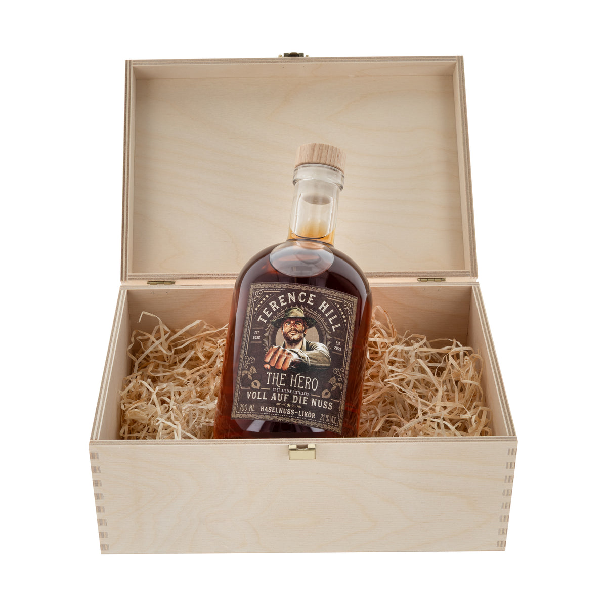 Wooden box - Terence Hill - Voll auf die Nuss - Hazelnut Liqueur - 0.7 L